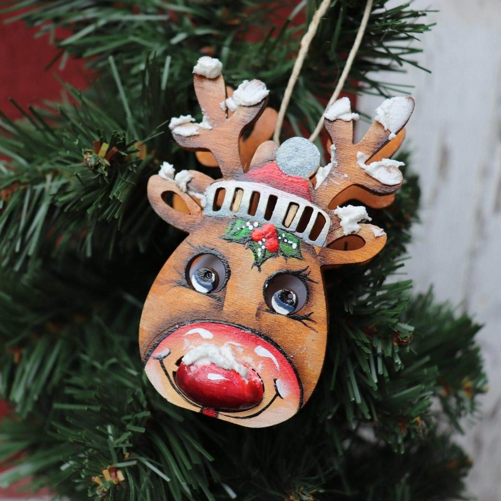 Hand Painted Light Up Wooden Rudolph/Reindeer Christmas Ornament